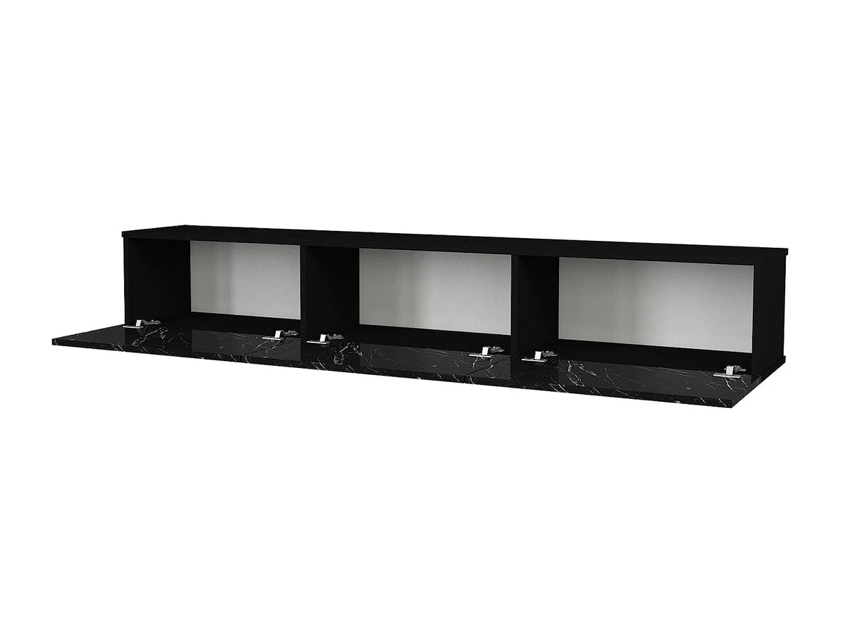 Meuble TV Japandi suspendu 3 portes effet marbre noir 180 x 29,5 cm - Vikila
