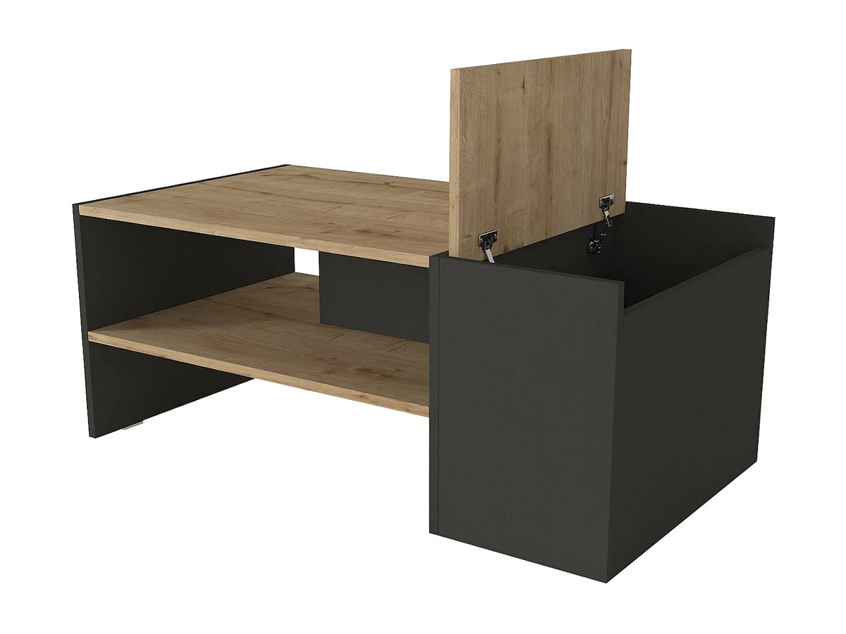 Table basse Japandi avec coffre de rangement mélaminé anthracite et naturel 110 x 60 cm - Velkan