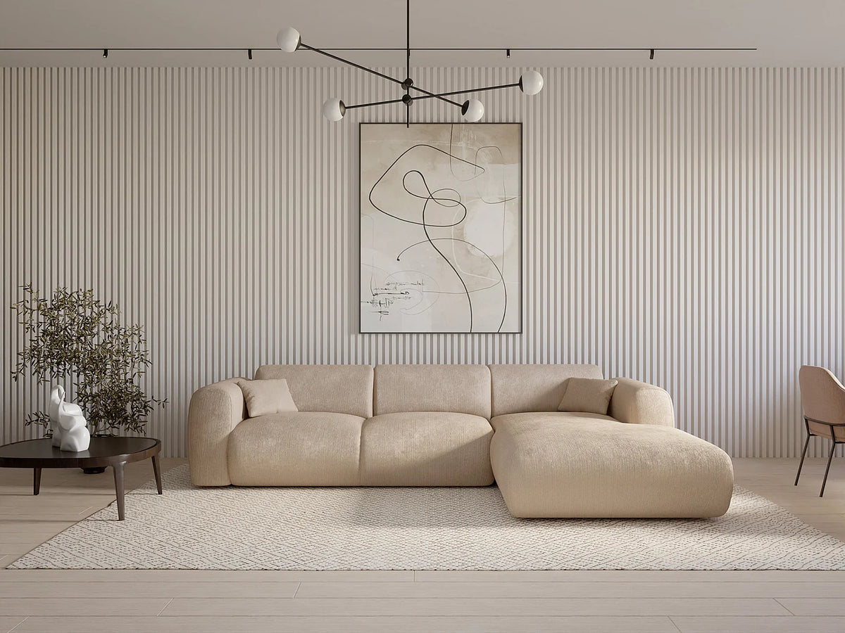 Grand canapé d'angle Japandi droit 5 places en velours côtelé fines côtes beige 280 cm - Pogni