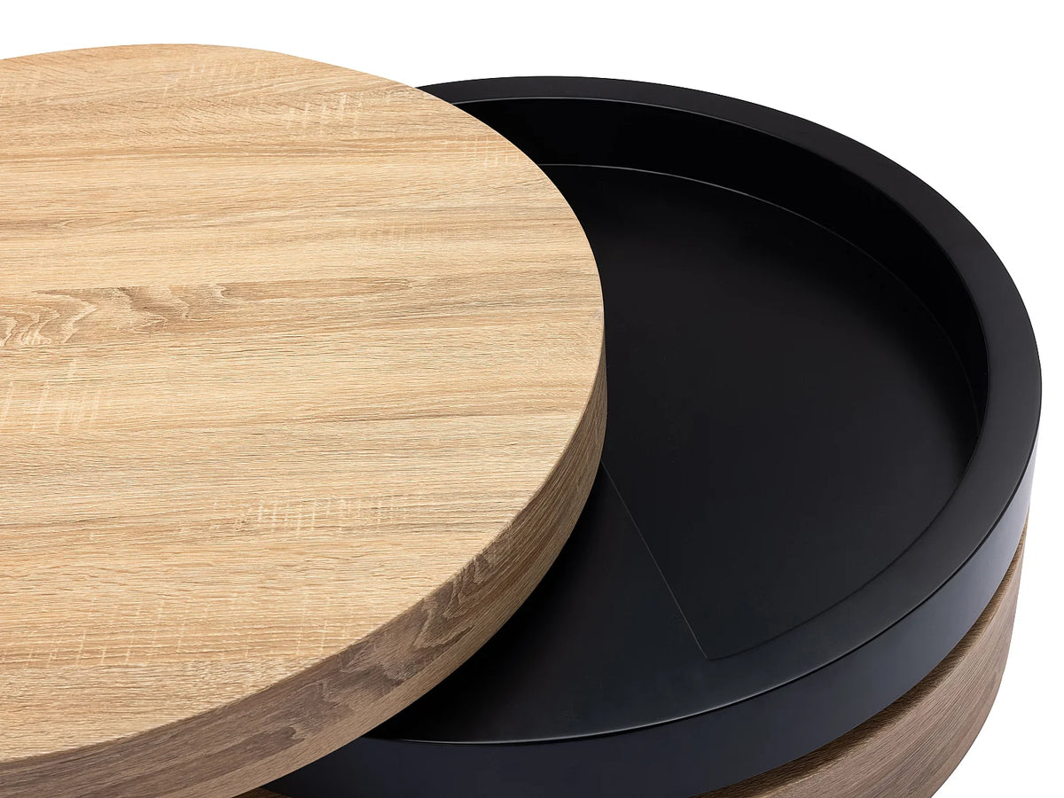Table basse Japandi ronde pivotante avec niche en MDF noir et naturel clair Ø 80 cm - Janita