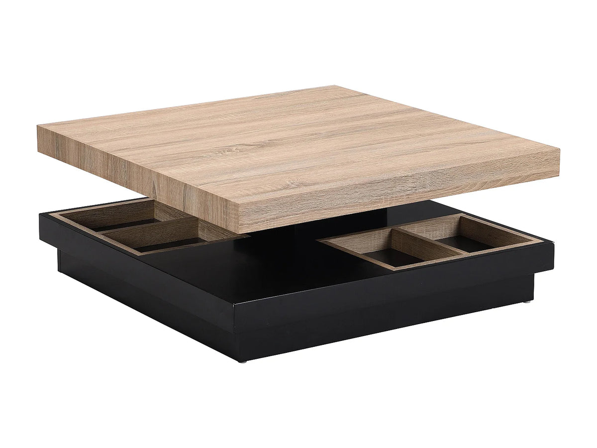 Table basse Japandi carrée à plateau pivotant en MDF laqué noir et naturel 80 x 80 cm - Fausto