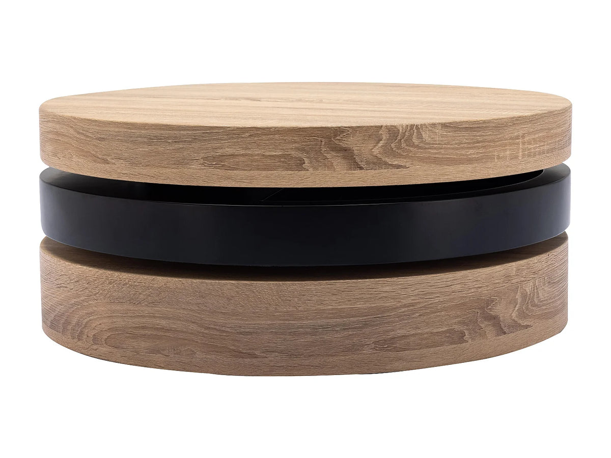 Table basse Japandi ronde pivotante avec niche en MDF noir et naturel clair Ø 80 cm - Janita