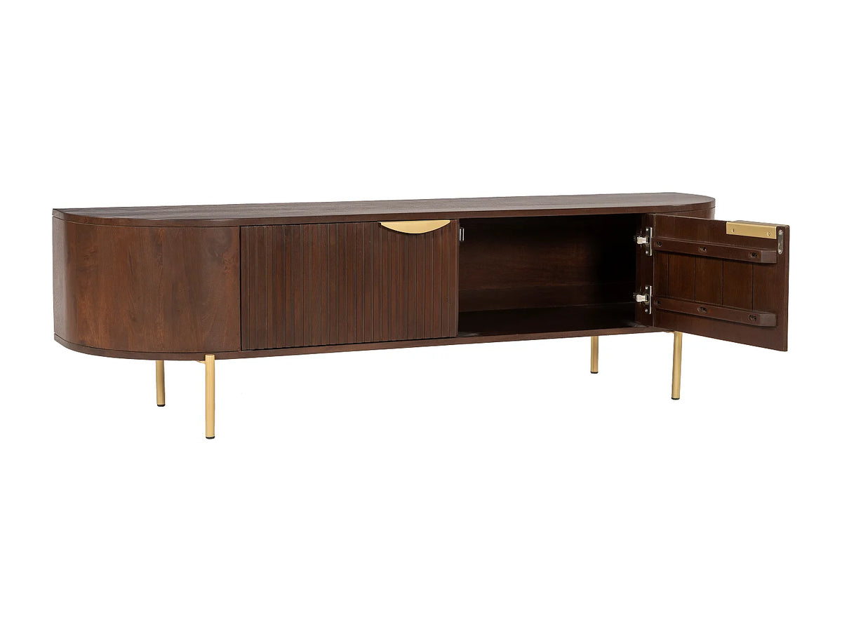Meuble TV Japandi 2 portes rainurées en bois de manguier et métal doré 160 x 45 cm - Nevili