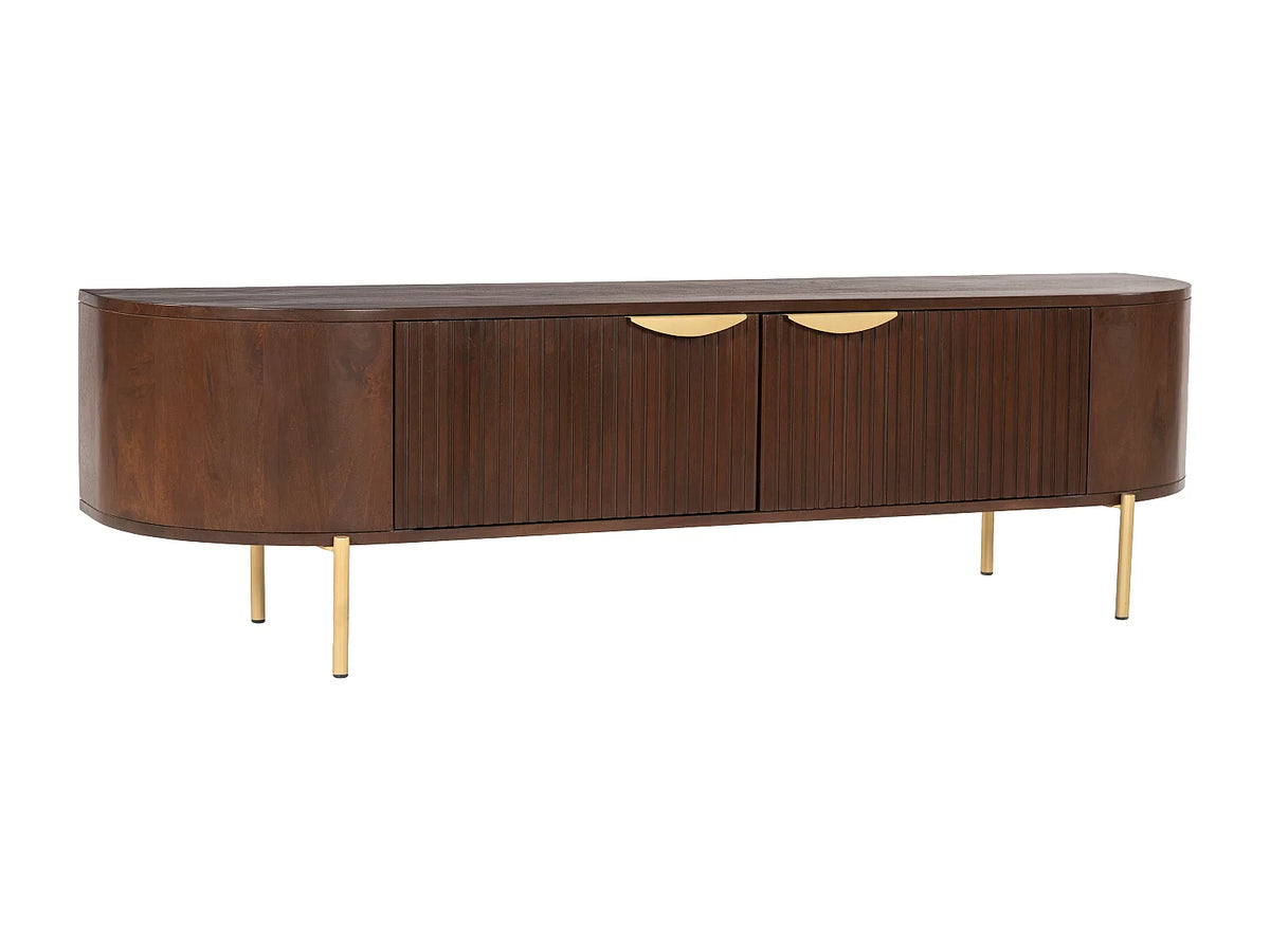 Meuble TV Japandi 2 portes rainurées en bois de manguier et métal doré 160 x 45 cm - Nevili