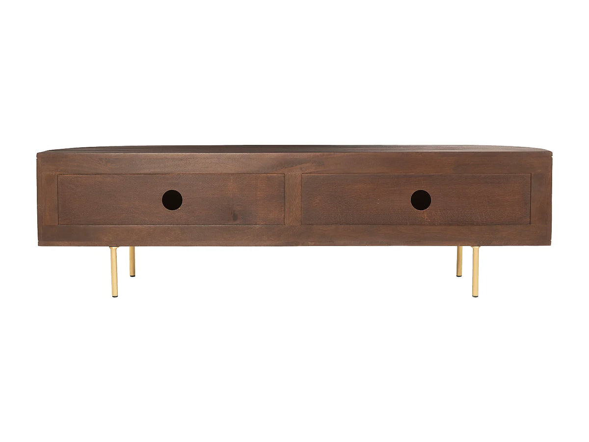 Meuble TV Japandi 2 portes rainurées en bois de manguier et métal doré 160 x 45 cm - Nevili