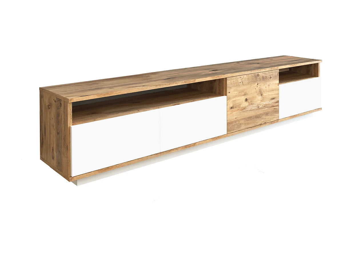 Meuble TV Japandi 4 portes et 2 étagères naturel clair et blanc 180 x 44,6 cm - Cedona