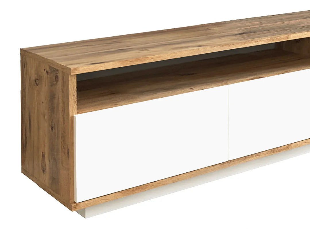 Meuble TV Japandi 4 portes et 2 étagères naturel clair et blanc 180 x 44,6 cm - Cedona