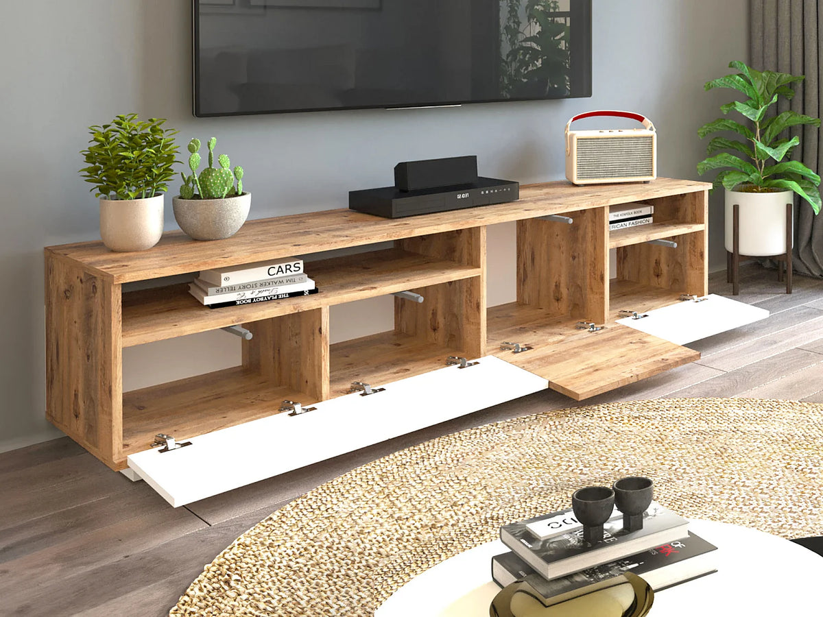 Meuble TV Japandi 4 portes et 2 étagères naturel clair et blanc 180 x 44,6 cm - Cedona