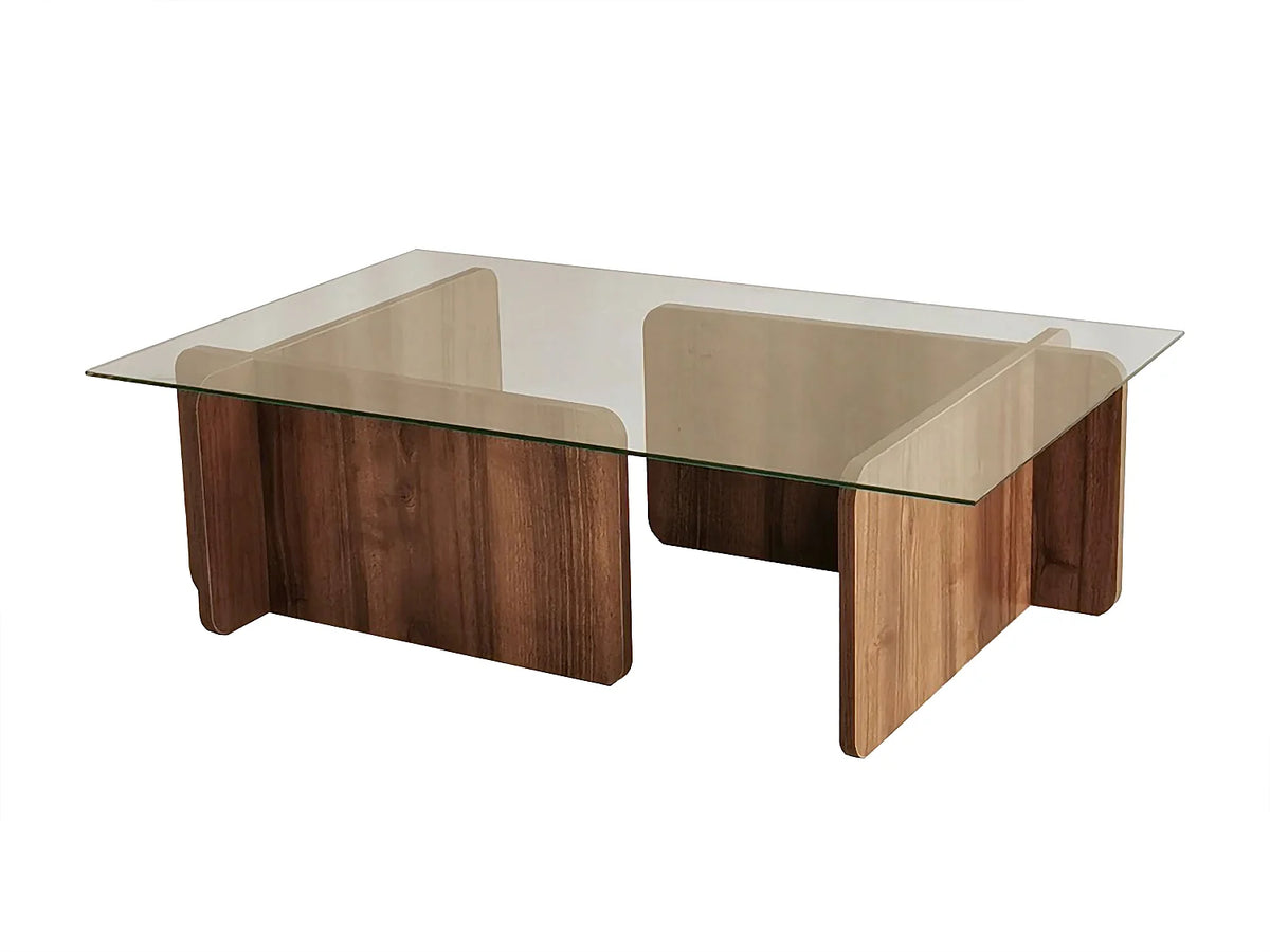 Table basse Japandi en verre trempé et piètement sculptural naturel foncé 105 x 65 cm - Azra
