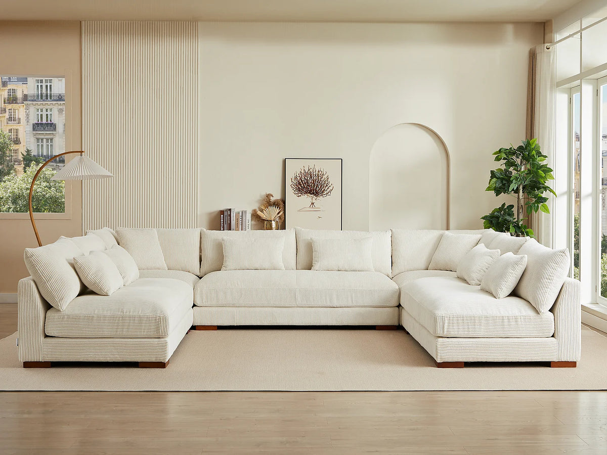 Canapé d'angle Japandi panoramique en velours côtelé beige 375 cm - Sperone