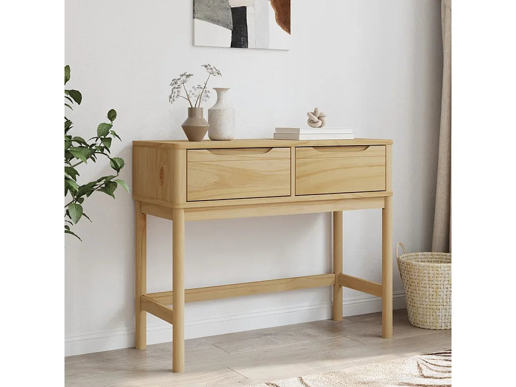Console Japandi 2 tiroirs en pin massif marron ciré 89,5 x 73 cm - Floro