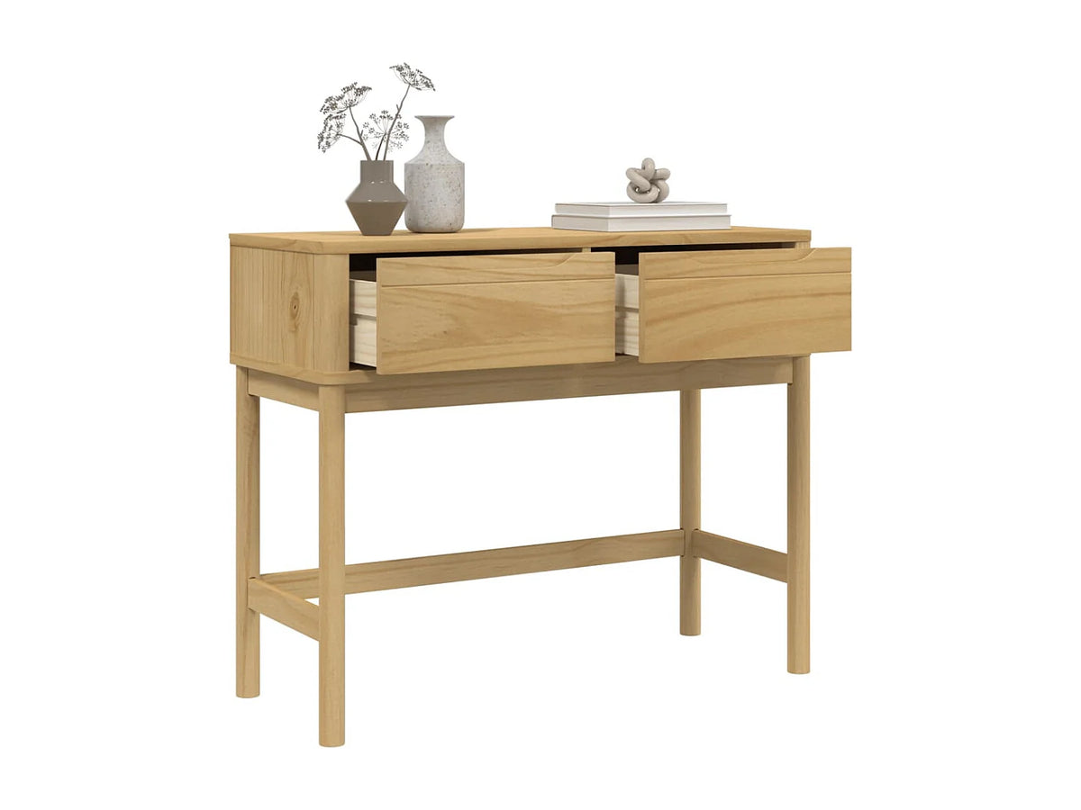 Console Japandi 2 tiroirs en pin massif marron ciré 89,5 x 73 cm - Floro