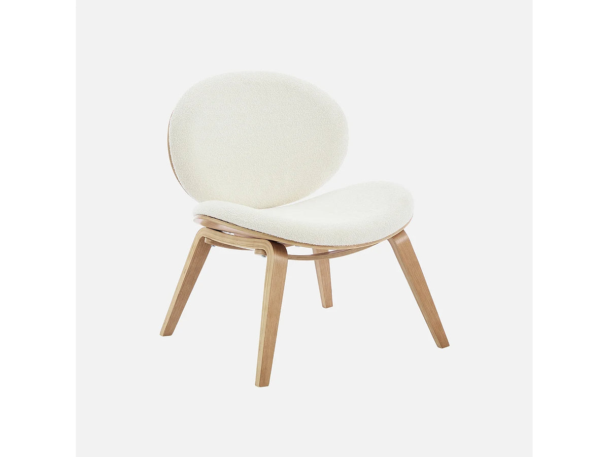 Fauteuil Japandi relax en bois courbé effet chêne naturel et bouclette texturée