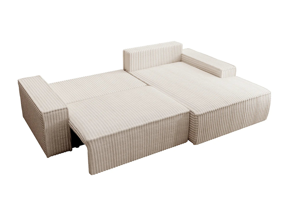 Canapé d'angle Japandi droit convertible en velours côtelé grosses côtes beige 267 cm - Amelia