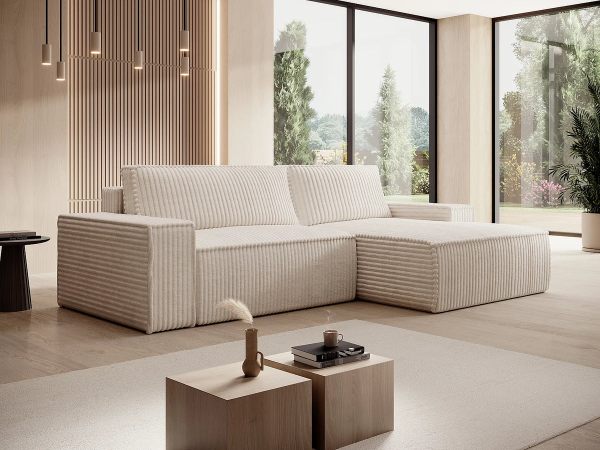Canapé d'angle Japandi droit convertible en velours côtelé grosses côtes beige 267 cm - Amelia