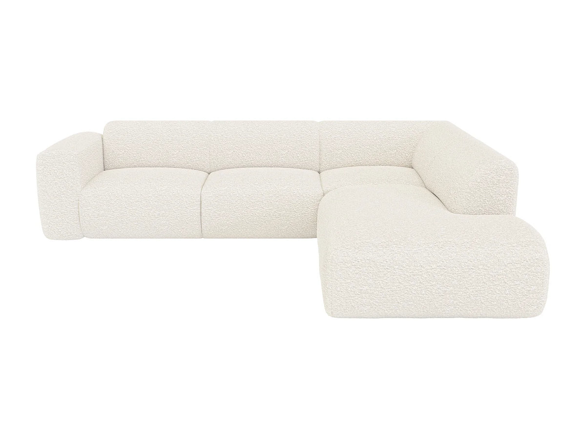 Grand canapé d'angle Japandi droit avec dossier méridienne 6 places en bouclette blanche 269 cm - Pogni
