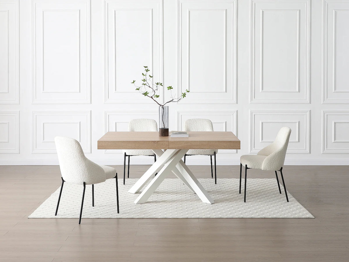Table à manger Japandi extensible 6 à 10 personnes MDF naturel et métal blanc 160 x 90 cm - Catonav