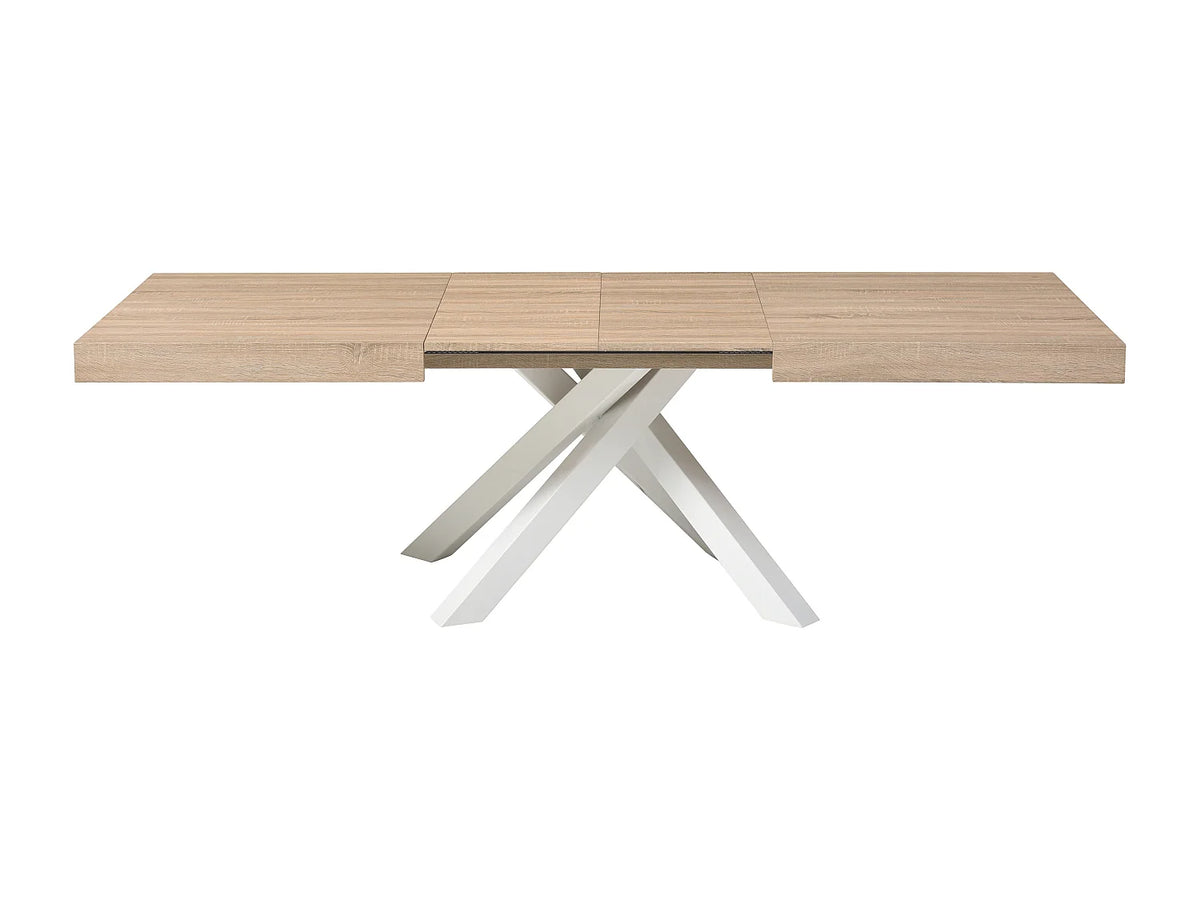 Table à manger Japandi extensible 6 à 10 personnes MDF naturel et métal blanc 160 x 90 cm - Catonav