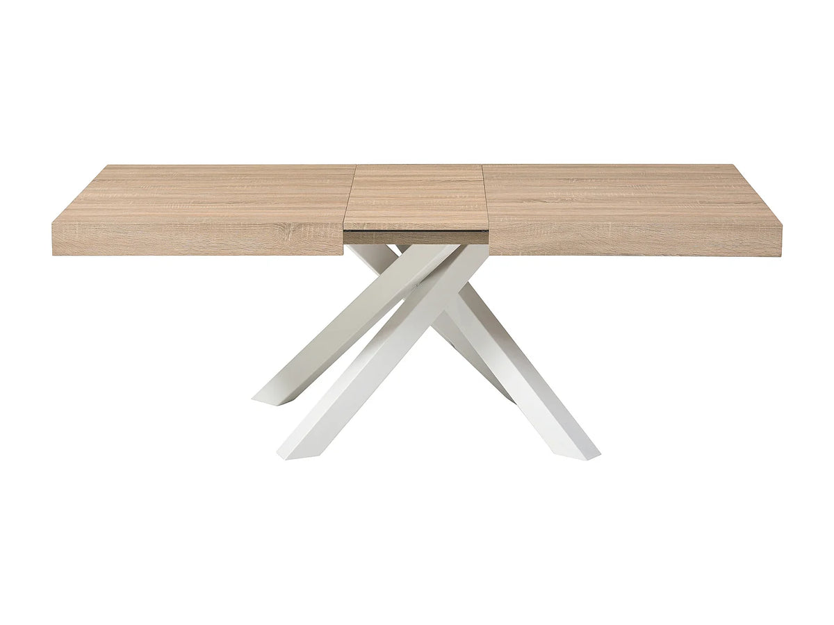 Table à manger Japandi extensible 6 à 10 personnes MDF naturel et métal blanc 160 x 90 cm - Catonav