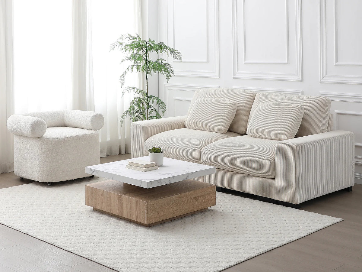 Table basse Japandi carrée pivotante avec 1 tiroir effet marbre blanc et naturel 80 x 80 cm - Kyria