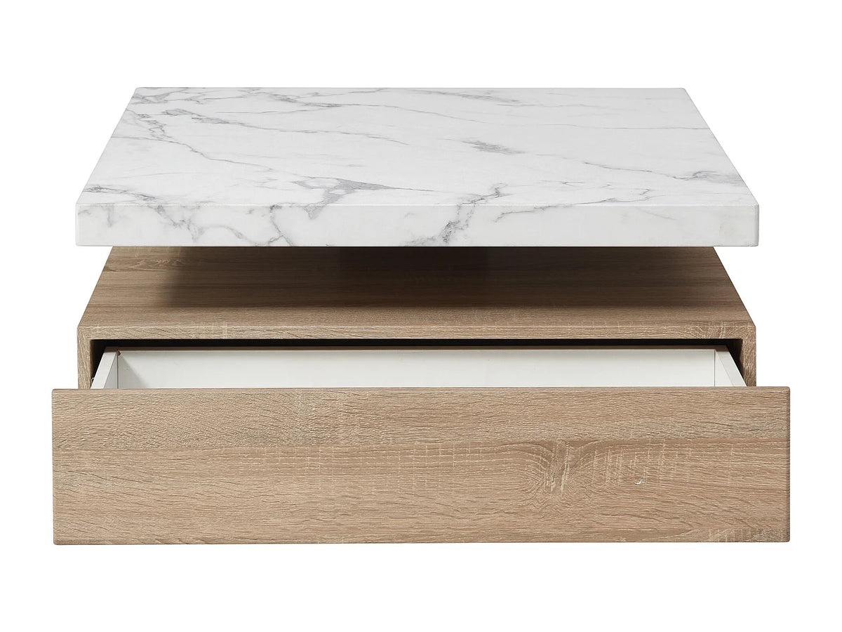 Table basse Japandi carrée pivotante avec 1 tiroir effet marbre blanc et naturel 80 x 80 cm - Kyria