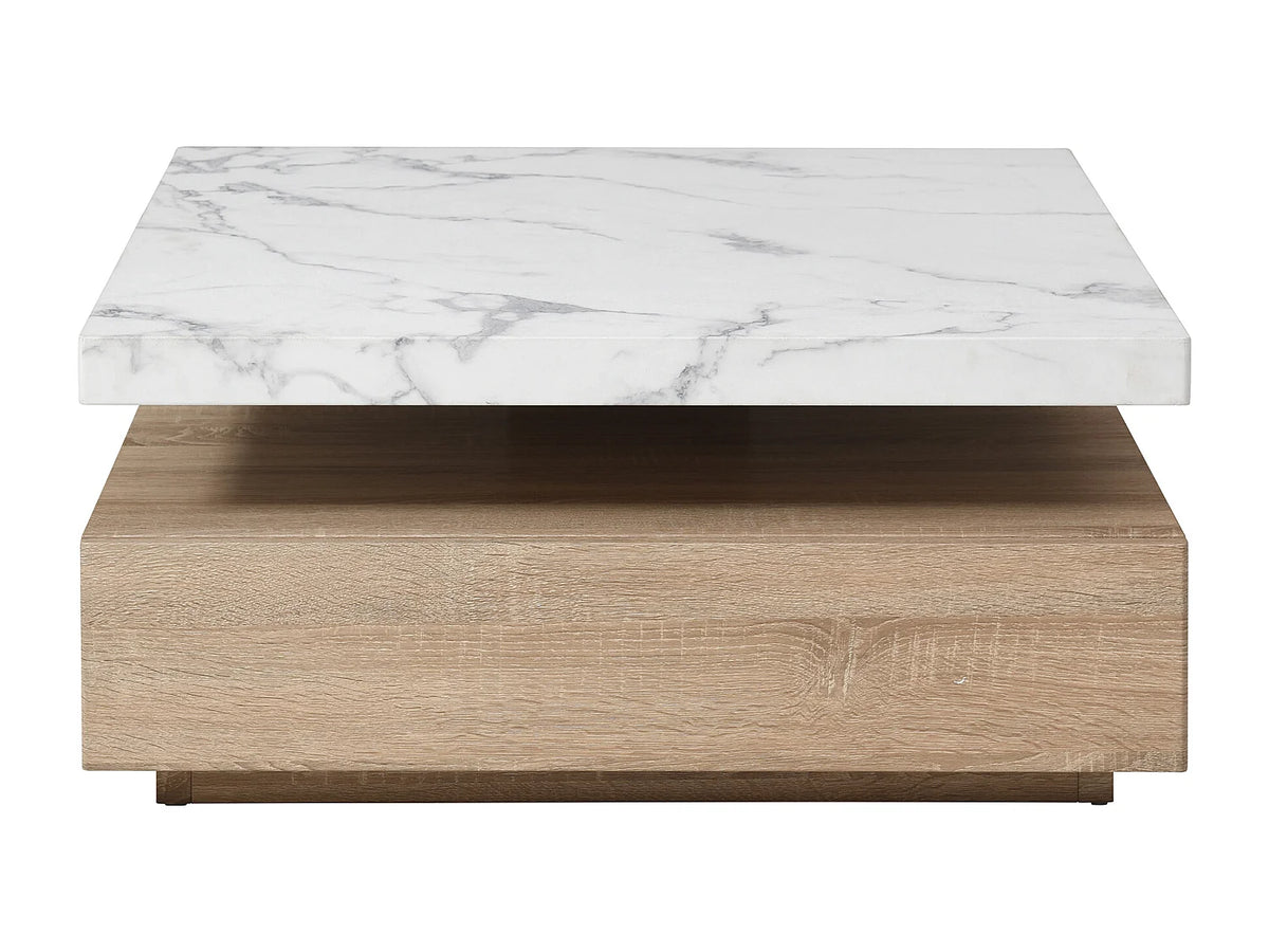 Table basse Japandi carrée pivotante avec 1 tiroir effet marbre blanc et naturel 80 x 80 cm - Kyria