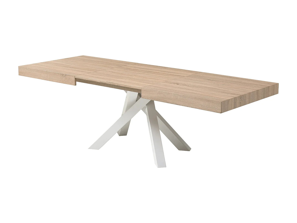 Table à manger Japandi extensible 6 à 10 personnes MDF naturel et métal blanc 160 x 90 cm - Catonav