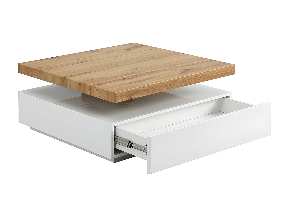 Table basse Japandi carrée pivotante avec 1 tiroir en MDF blanc et naturel 80 x 80 cm - Kyria