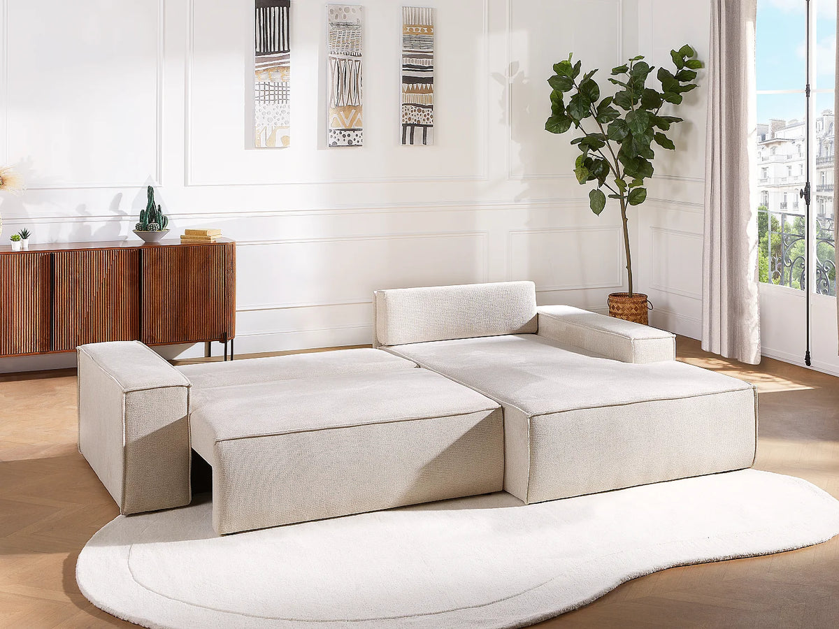 Canapé d'angle Japandi droit convertible en tissu texturé beige 267 cm - Amelia