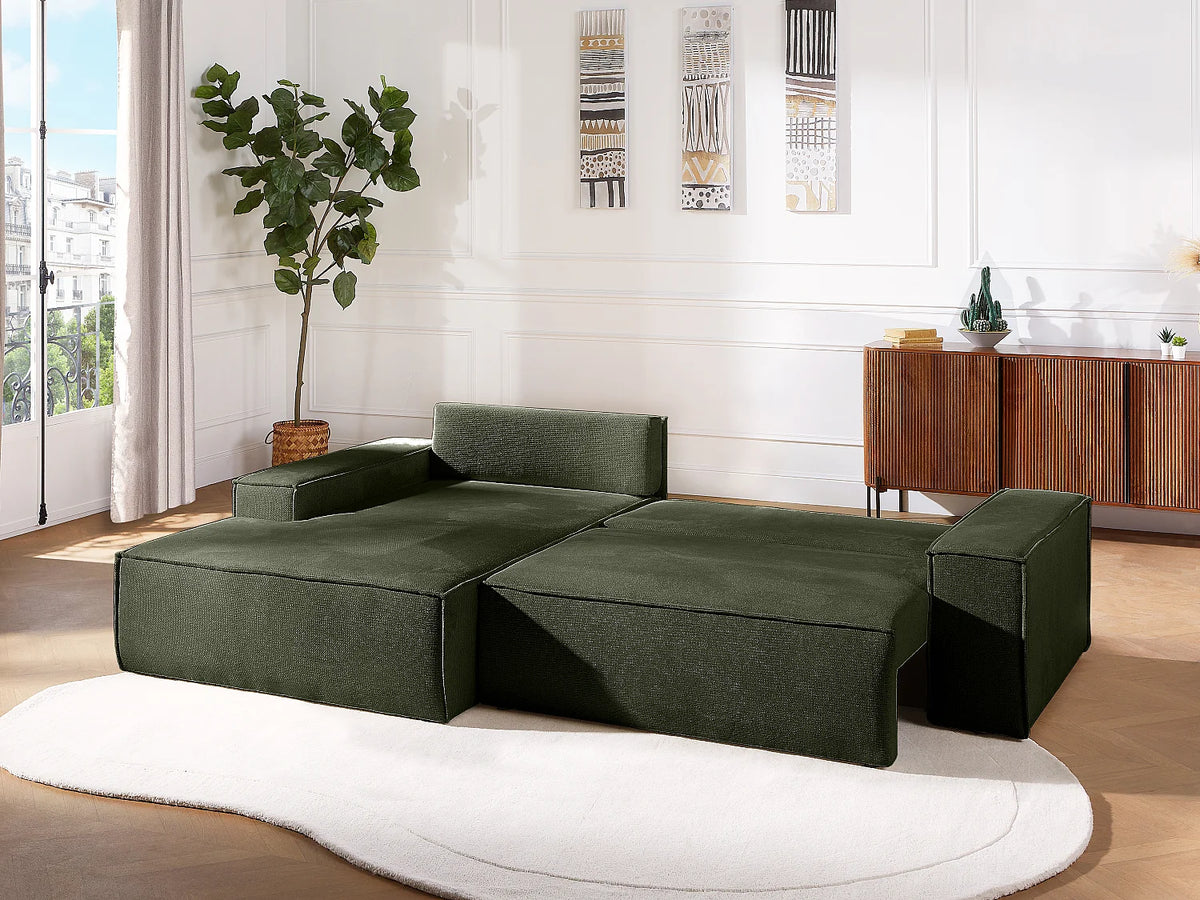 Canapé d'angle Japandi gauche convertible en tissu texturé vert 267 cm - Amelia
