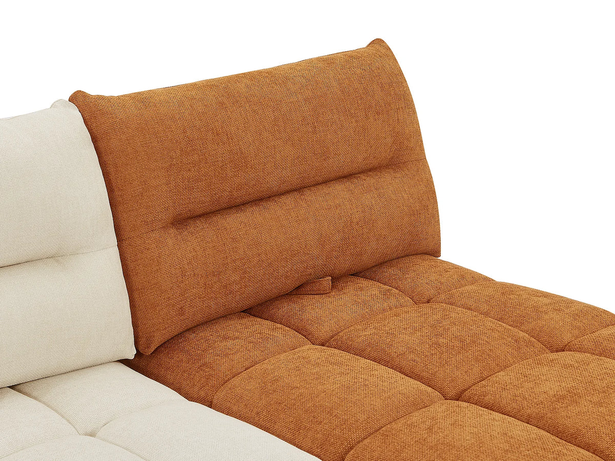 Canapé d'angle Japandi panoramique modulable 7 places avec pouf en tissu texturé beige et terracotta 370 cm - Apoliu