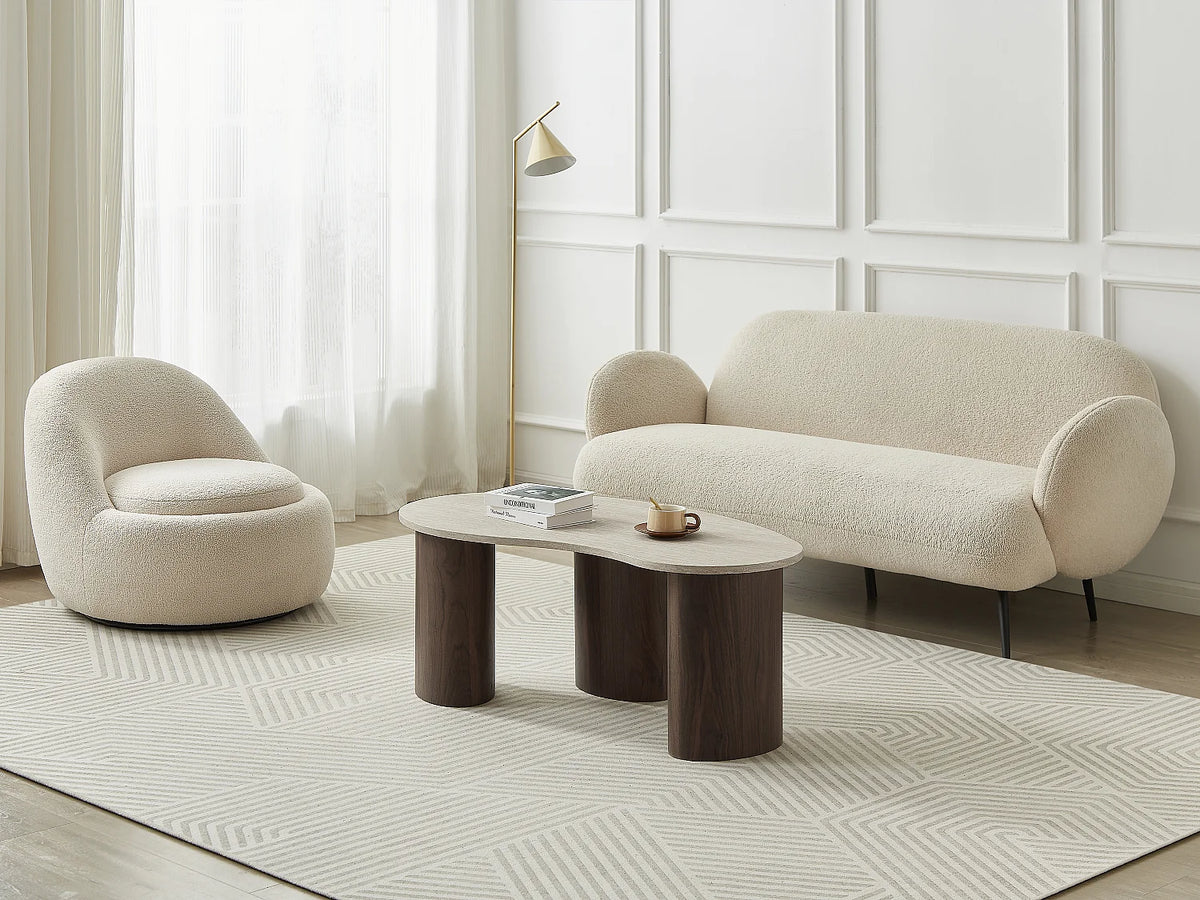 Table basse Japandi organique en MDF effet travertin beige et naturel foncé 120 x 60 cm - Alozya