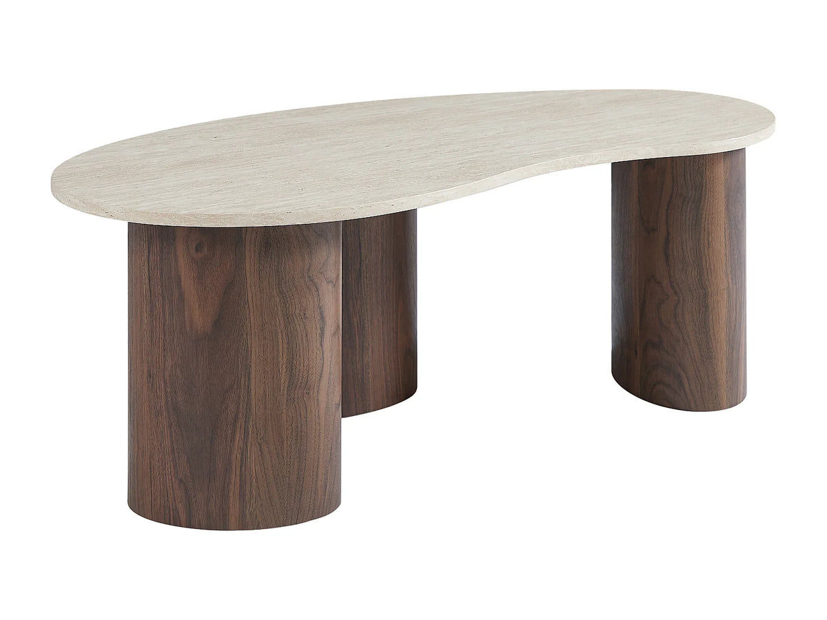 Table basse Japandi organique en MDF effet travertin beige et naturel foncé 120 x 60 cm - Alozya