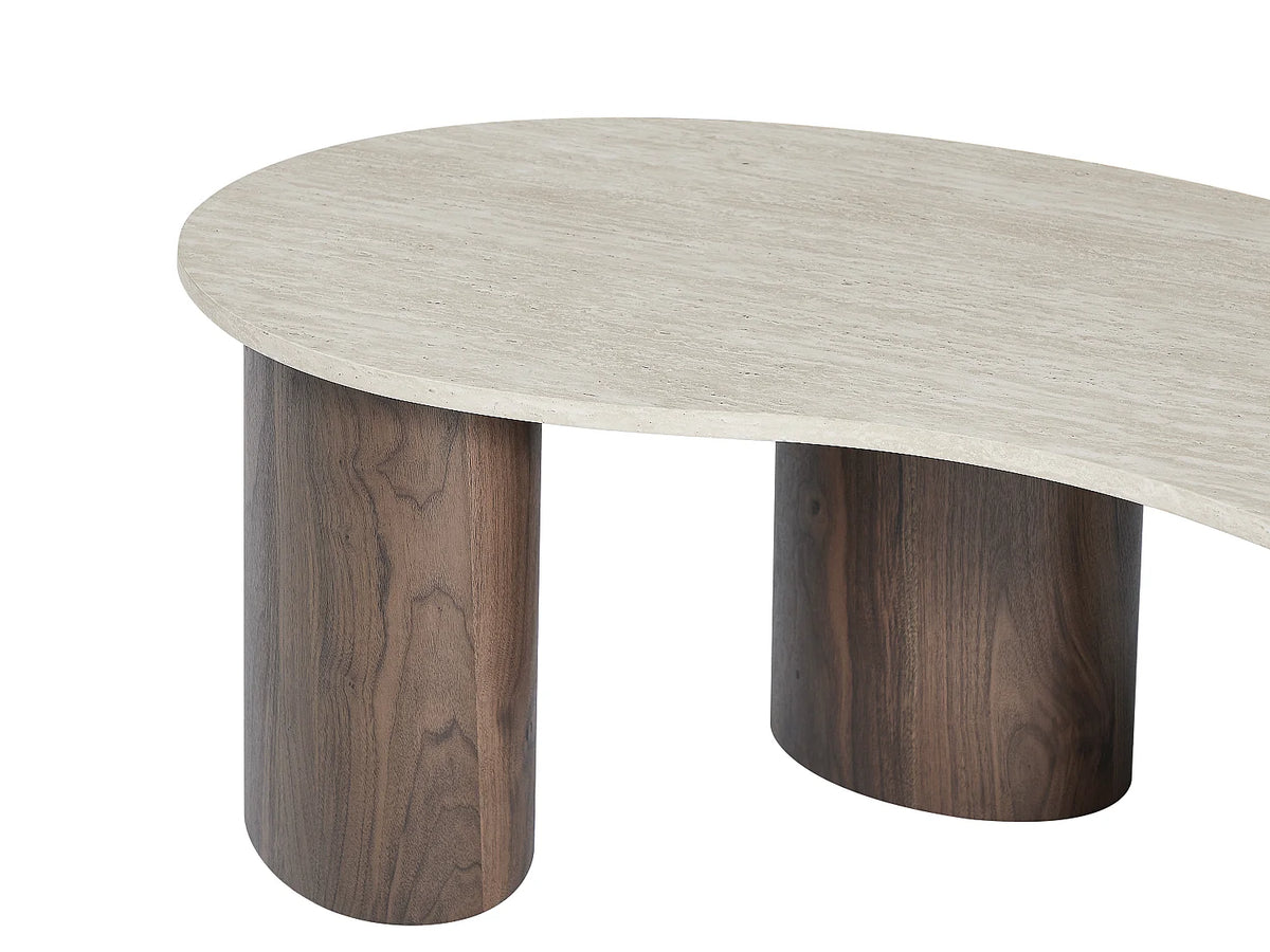 Table basse Japandi organique en MDF effet travertin beige et naturel foncé 120 x 60 cm - Alozya