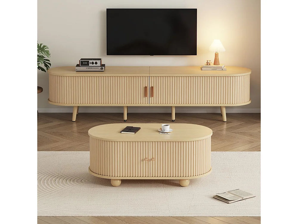 Meuble TV Japandi ovale noyer clair avec table basse assortie 175 x 42 cm