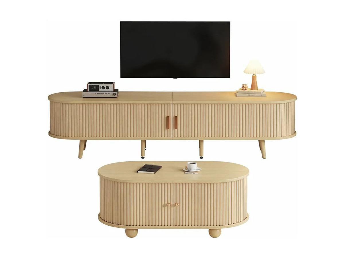 Meuble TV Japandi ovale noyer clair avec table basse assortie 175 x 42 cm