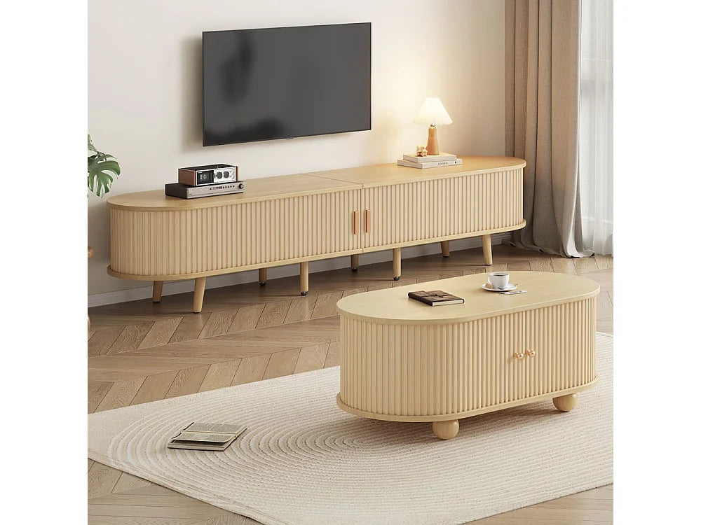 Meuble TV Japandi ovale noyer clair avec table basse assortie 175 x 42 cm