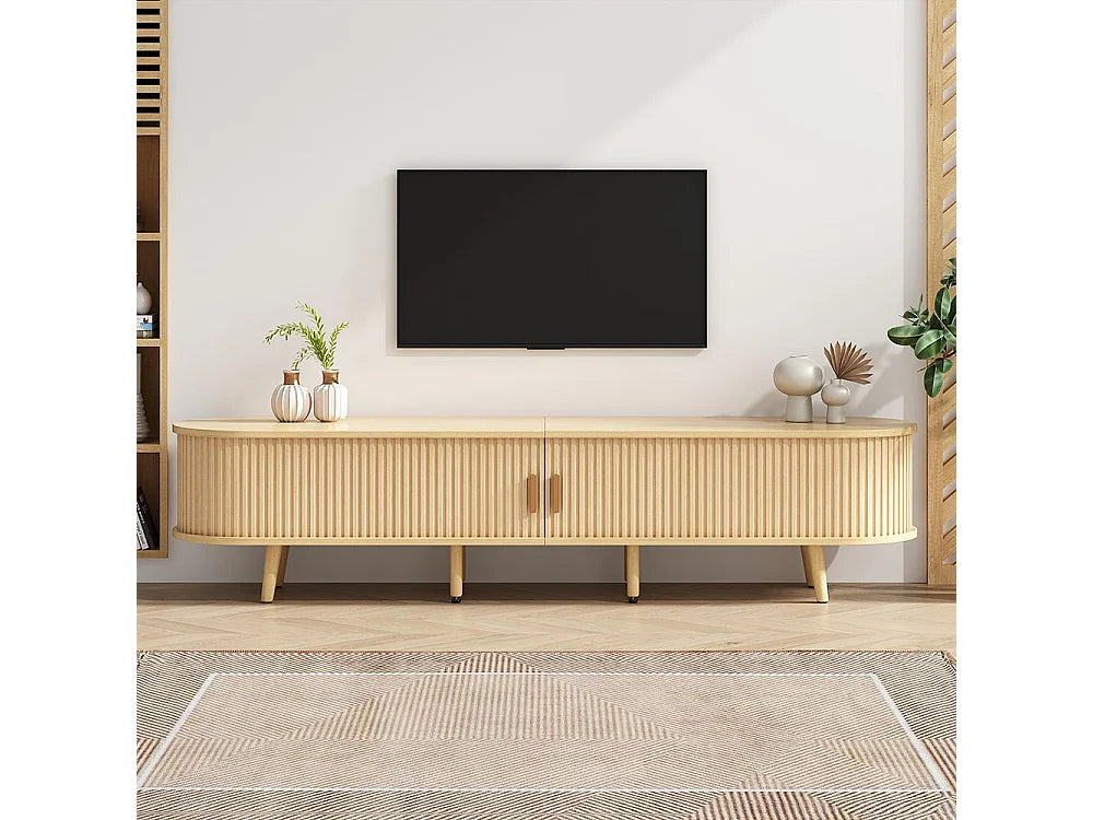 Meuble TV Japandi ovale 2 tiroirs et 2 portes coulissantes effet noyer clair 175 x 42 cm