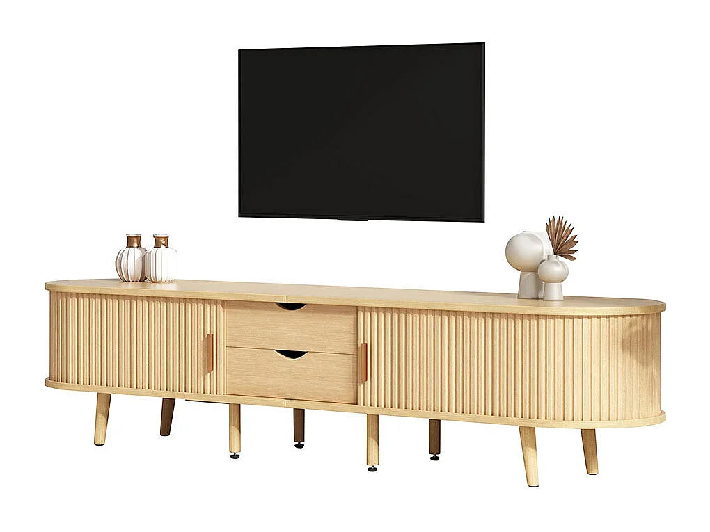 Meuble TV Japandi ovale 2 tiroirs et 2 portes coulissantes effet noyer clair 175 x 42 cm