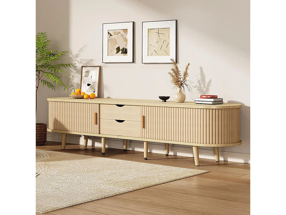 Meuble TV Japandi ovale 2 tiroirs et 2 portes coulissantes effet noyer clair 175 x 42 cm