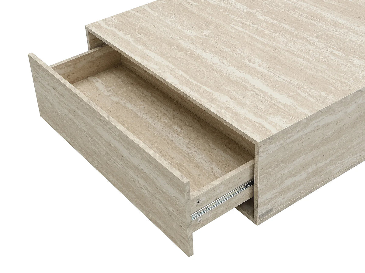 Table basse Japandi carrée avec 2 tiroirs en MDF effet travertin beige 90 x 90 cm - Antrim