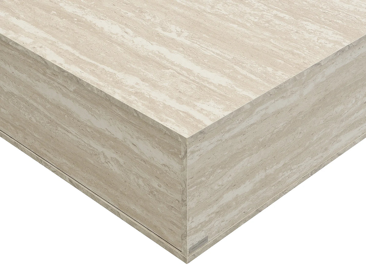 Table basse Japandi carrée avec 2 tiroirs en MDF effet travertin beige 90 x 90 cm - Antrim