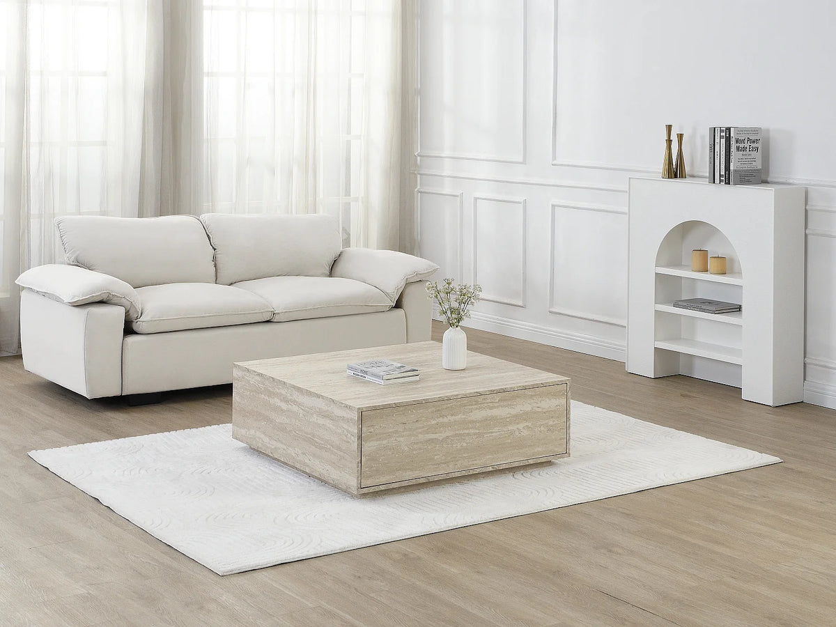 Table basse Japandi carrée avec 2 tiroirs en MDF effet travertin beige 90 x 90 cm - Antrim