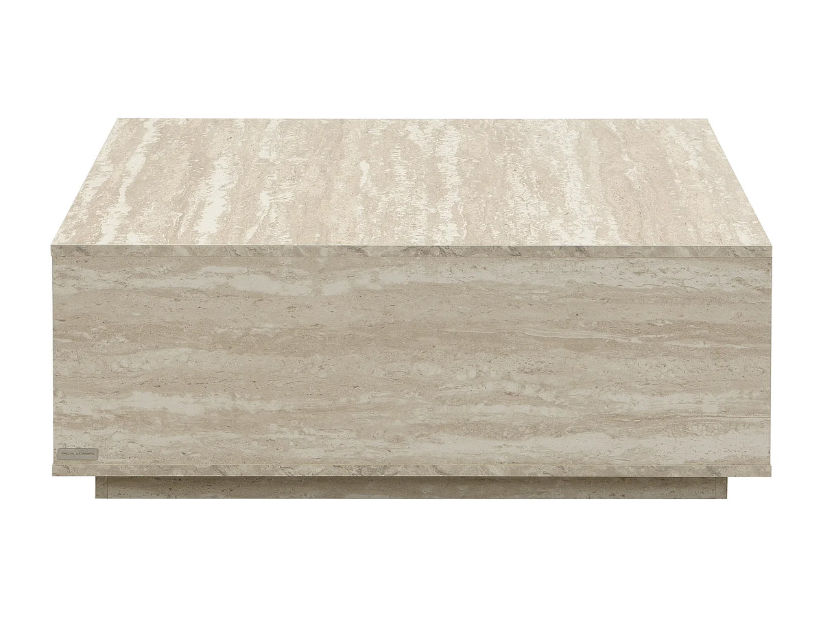Table basse Japandi carrée avec 2 tiroirs en MDF effet travertin beige 90 x 90 cm - Antrim