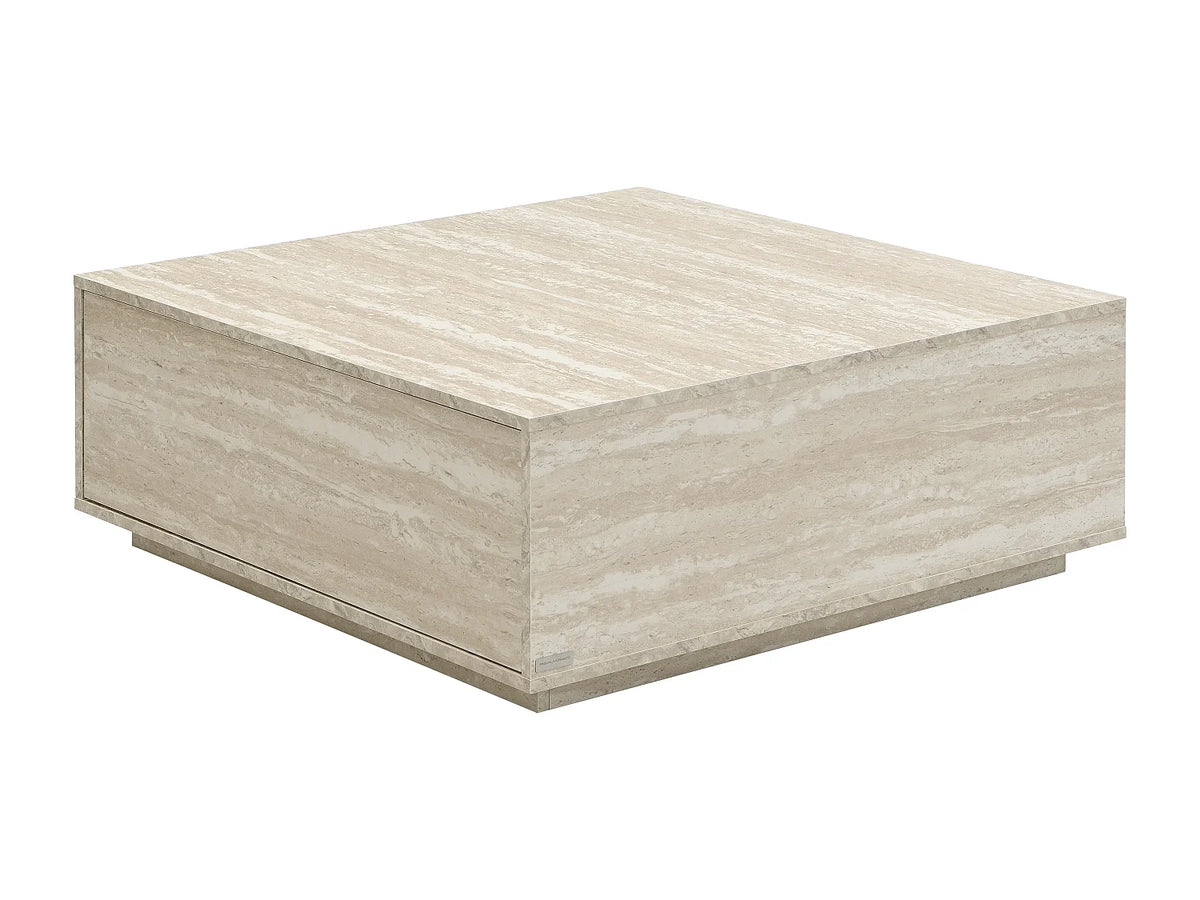 Table basse Japandi carrée avec 2 tiroirs en MDF effet travertin beige 90 x 90 cm - Antrim