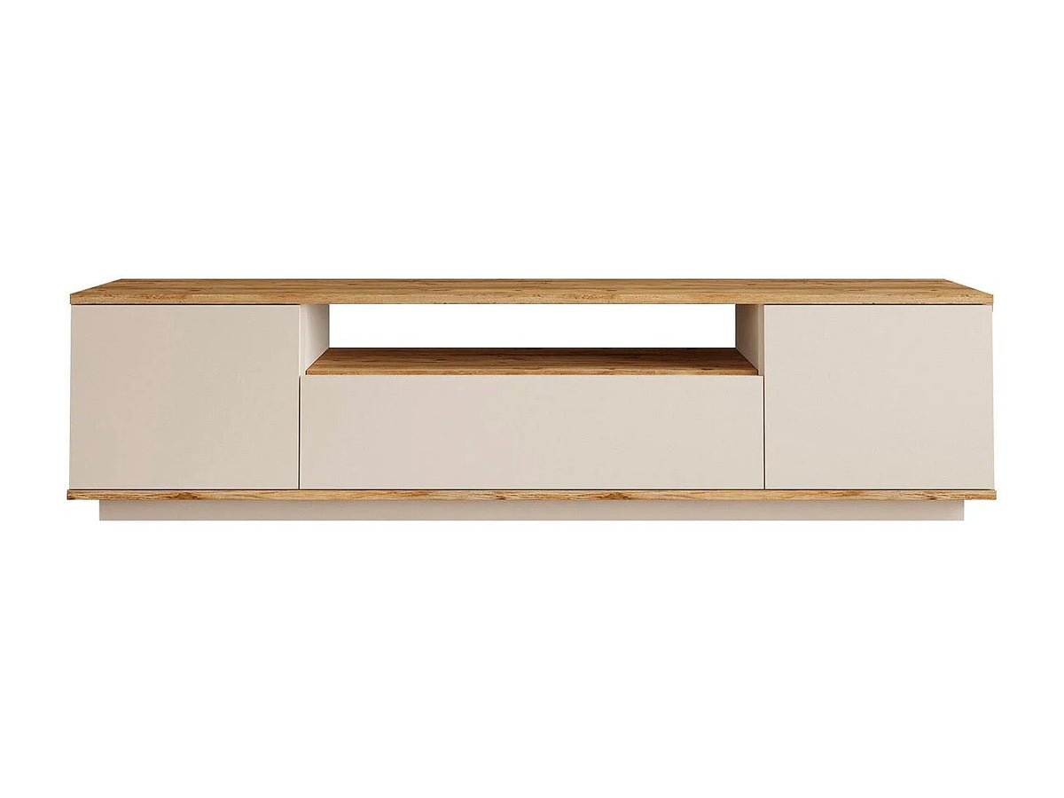 Meuble TV Japandi 3 portes et 1 niche beige et effet bois naturel 180 x 44,6 cm - Lotula