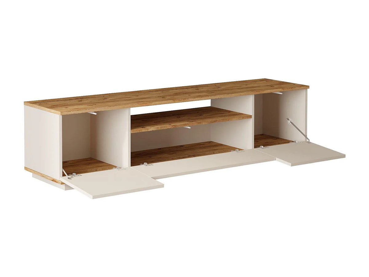 Meuble TV Japandi 3 portes et 1 niche beige et effet bois naturel 180 x 44,6 cm - Lotula