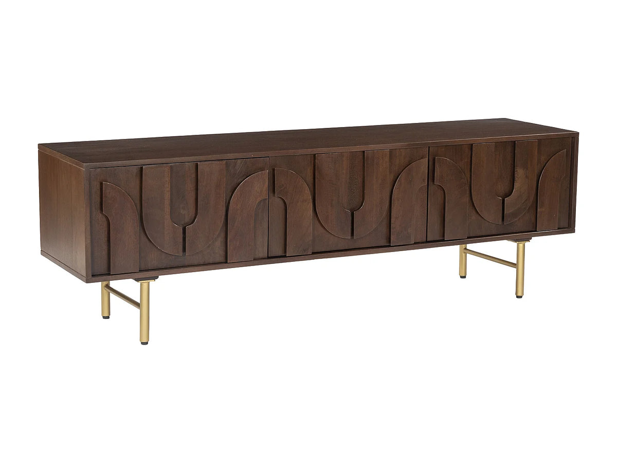 Meuble TV Japandi 3 portes en bois de manguier et métal doré 160 x 50 cm - Mizoram