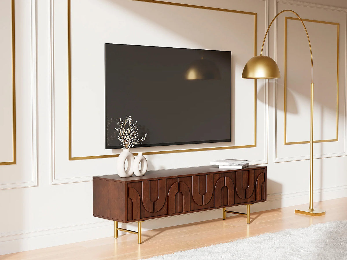 Meuble TV Japandi 3 portes en bois de manguier et métal doré 160 x 50 cm - Mizoram