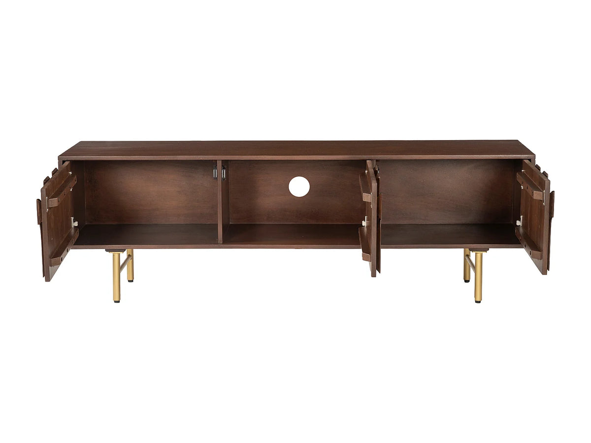 Meuble TV Japandi 3 portes en bois de manguier et métal doré 160 x 50 cm - Mizoram